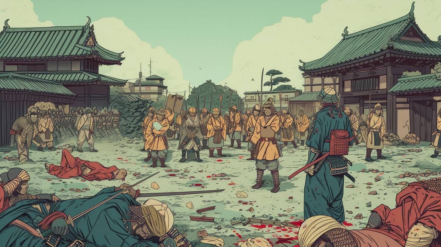 ancient japanese troops dead in war, cartoony