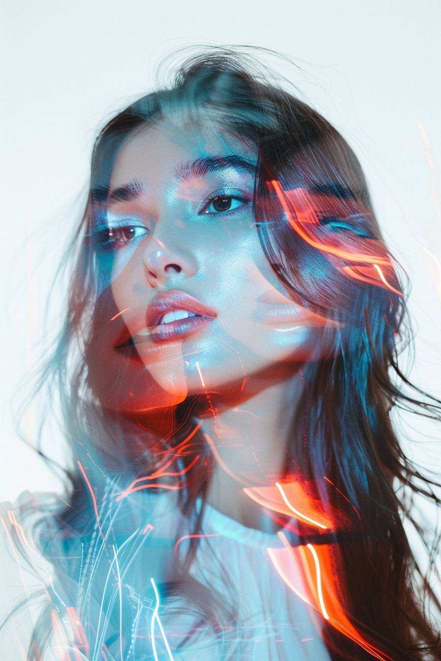 Portrait of a beautiful girl with long hair, featuring a glitch effect and double exposure, set against a light white background with surrealistic fashion elements, highlighted by white and blue tones, vibrant neon lights, and a cinematic, futuristic ambiance.