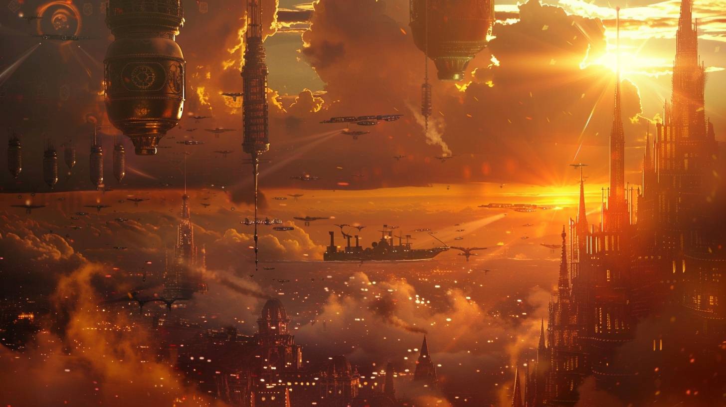 A vast, fiery steampunk sunset, with a clockwork city dwarfed by the immense sky. The city's spires reach towards the heavens, but they're dwarfed by the fiery hues of the dying sun. Airships, their sails billowing in the wind, glide through the sky, their shadows dancing across the cityscape. The sunset is captured through a vintage camera, its brass casing reflecting the fiery hues of the sky. The image is slightly blurred, as if the camera is struggling to capture the sheer beauty and grandeur of the scene. The sunset is rendered as a series of gears and cogs, each one representing a different color and intensity of the fading light. These gears and cogs are so large, so intricate, that they dwarf the city below, creating a sense of overwhelming scale. The viewer feels insignificant yet simultaneously connected to something truly magnificent.