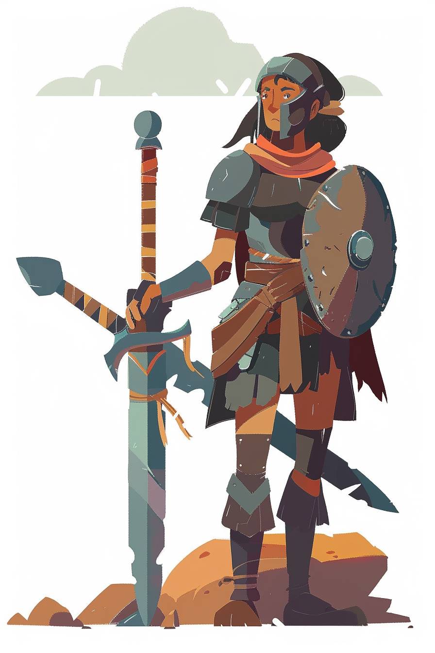 In the style of Raina Telgemeier, warrior character, full body, flat color illustration