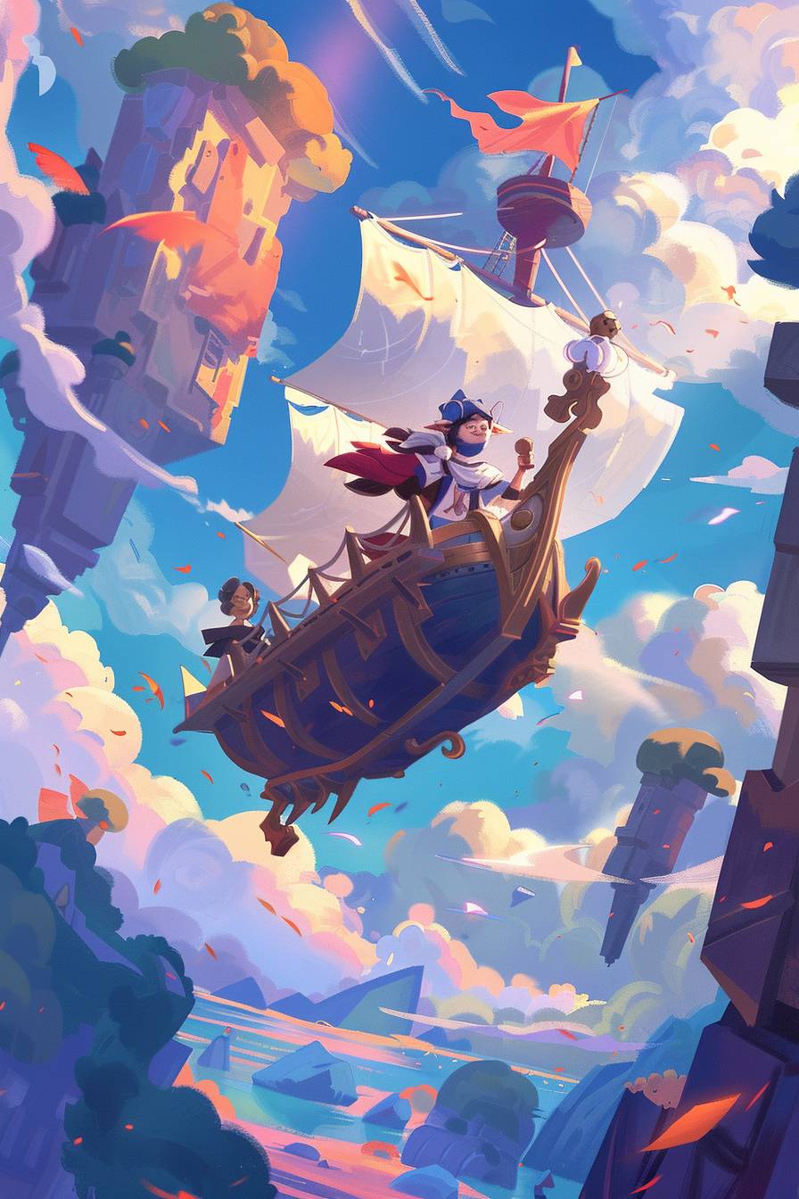 A whimsical steampunk airship sailing through a sky filled with floating islands, surrounded by curious mechanical creatures and vibrant clouds.