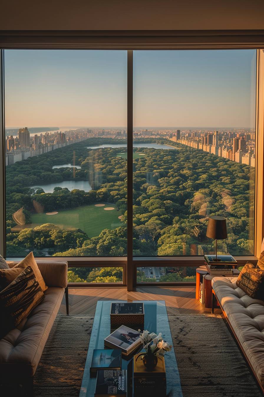 Photography, view of a penthouse overlooking Central Park in New York, hyperrealistic photography, summer day in the middle of the day, cloudless sky, natural lighting, sunny, high fidelity, detailed, taken with an EOS R5 Canon