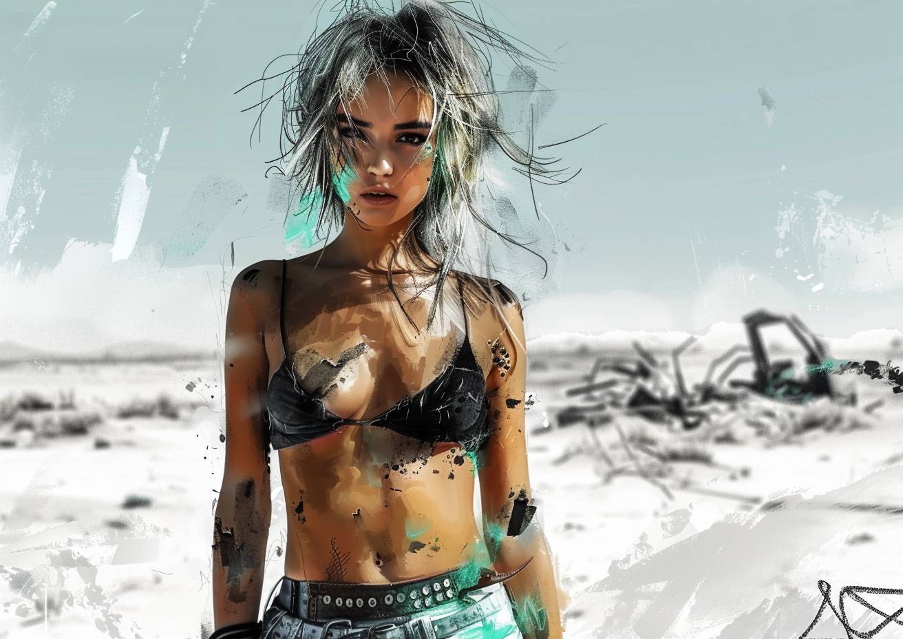 Wide-angle view, in a post-apocalyptic future, a young woman wearing animal skins, studded leather belt, wielding a metal boomerang, desert wasteland, wreckage, strong visual flow.