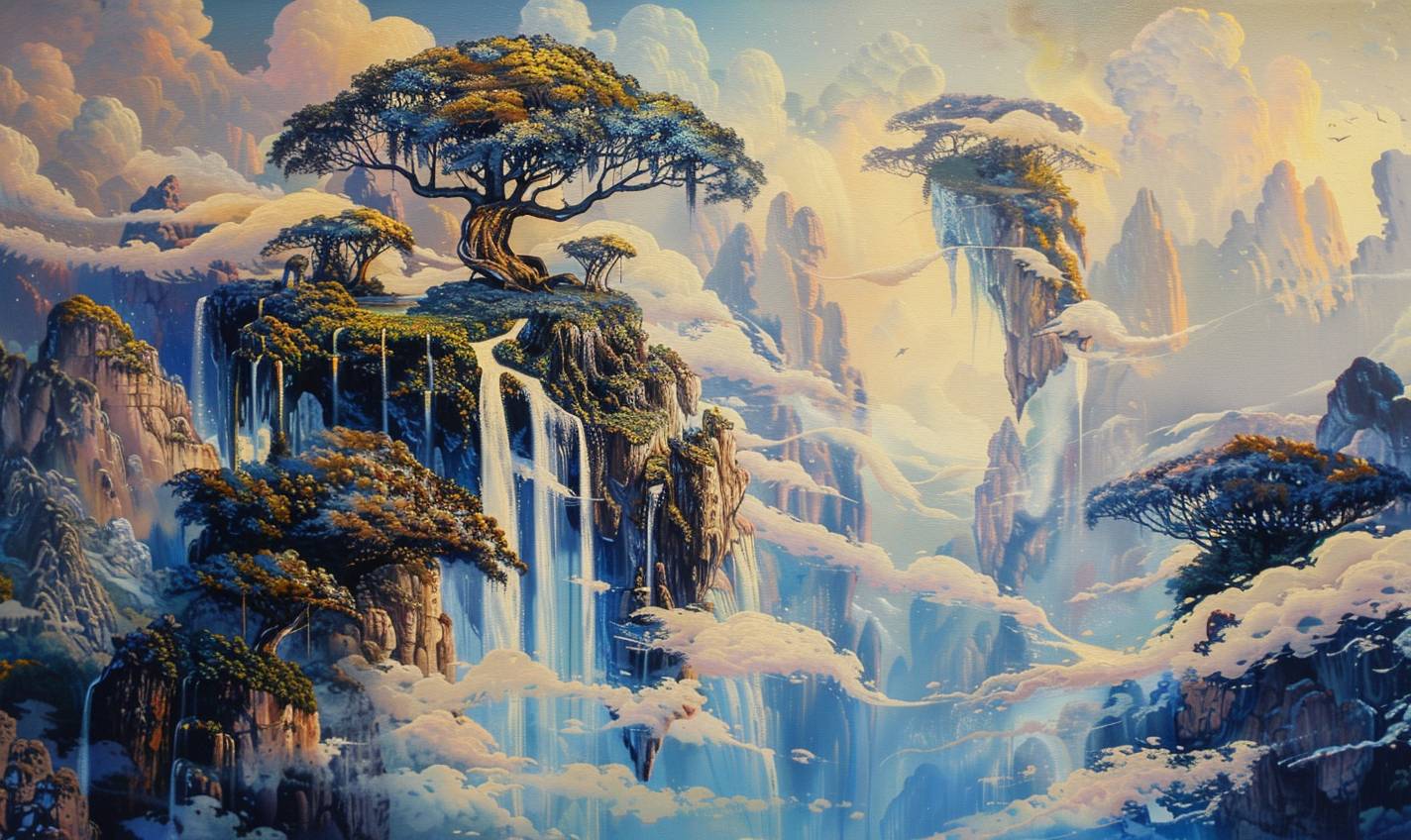 A mesmerizing voyage to the Mystical Isle of Everlight, Roger Dean's brushwork, tapestry of ethereal beauty, a floating paradise, cascading waterfalls, serenading the senses with their melodic dance. surreal realm where time stands still, and reality intertwines with fantasy.
