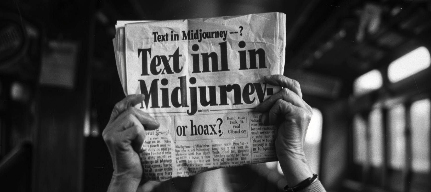 Hands holding newspaper with heading 'Text in Midjourney- real or hoax?'