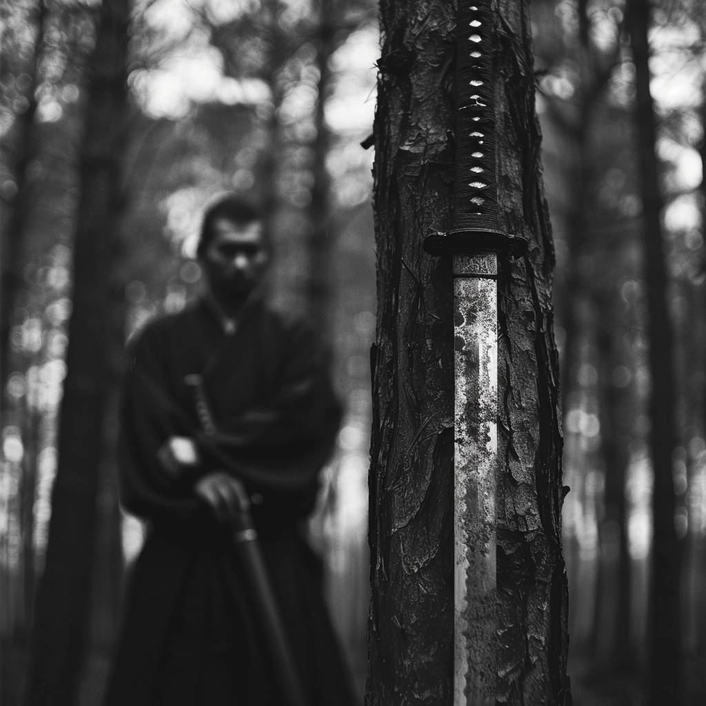 Black and white photo of samurai sword in the woods, samurai standing behind it, grainy film noir style, cinematographic photography, close-up, dynamic angle, forest background, by David Lynch