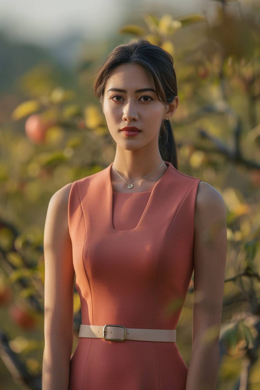 A full body image of an elegant 21-year-old Indonesian woman looking at the camera, wearing a solid color sheath dress with a thin belt and a thin necklace, exuding energetic vibes. The location is Apple Park, and she works as a financial analyst, with detailed facial features that are indistinguishable from reality. The shot has a cinematic style, excluding children, males, and pregnancy, with an aspect ratio of 2:3, a raw style, and version 6.0.