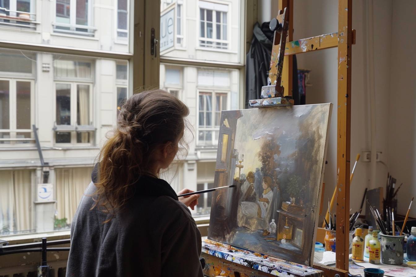 Painting an oil portrait of oneself, with a studio backdrop featuring large windows