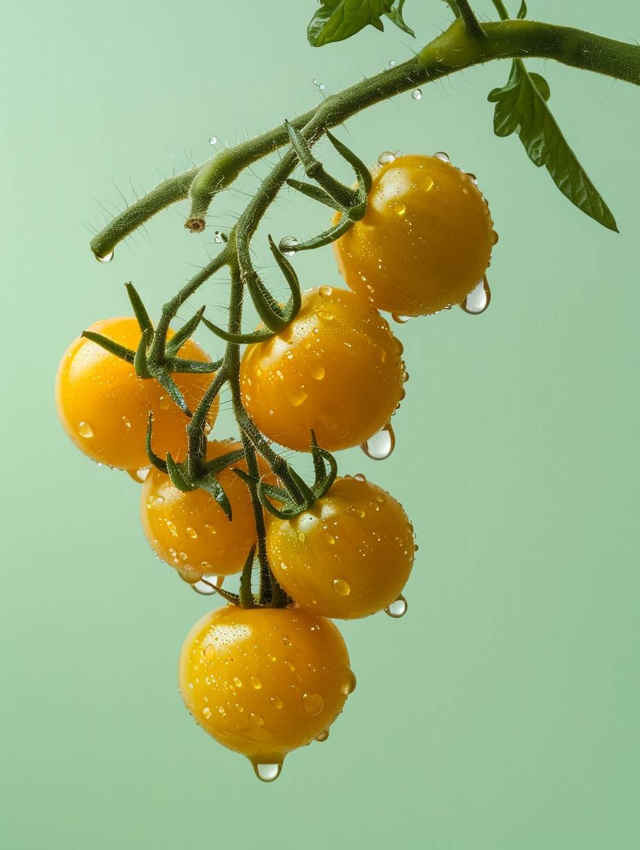 Tatsuya Tanaka, diagonal composition photography of yellow tomatoes hanging on the vine with water droplets against a light green background, presented in a dreamy, beautiful style.