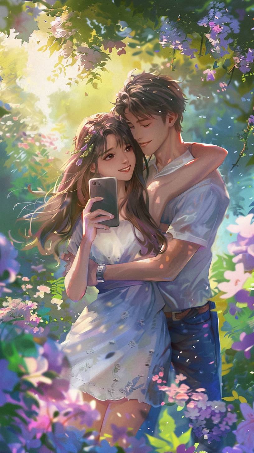 A lovely couple in anime style, hugging and standing in beautiful scenery. The girl has long brown hair and the guy has short hair. They are taking a couple selfie in a cute pose with cheeks together. It is a masterpiece with a romantic atmosphere and HD quality.