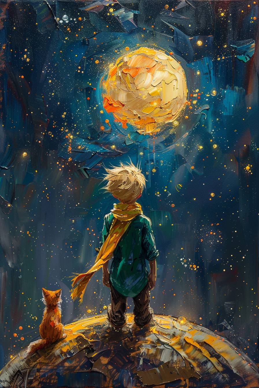 An oil painting showing the back of The Little Prince, sitting on top of a big yellow planet, wearing a long yellow scarf, green cloth, blonde short hair, and a fox, universe, background is the starry night from the painting by Van Gogh, oil brush art.