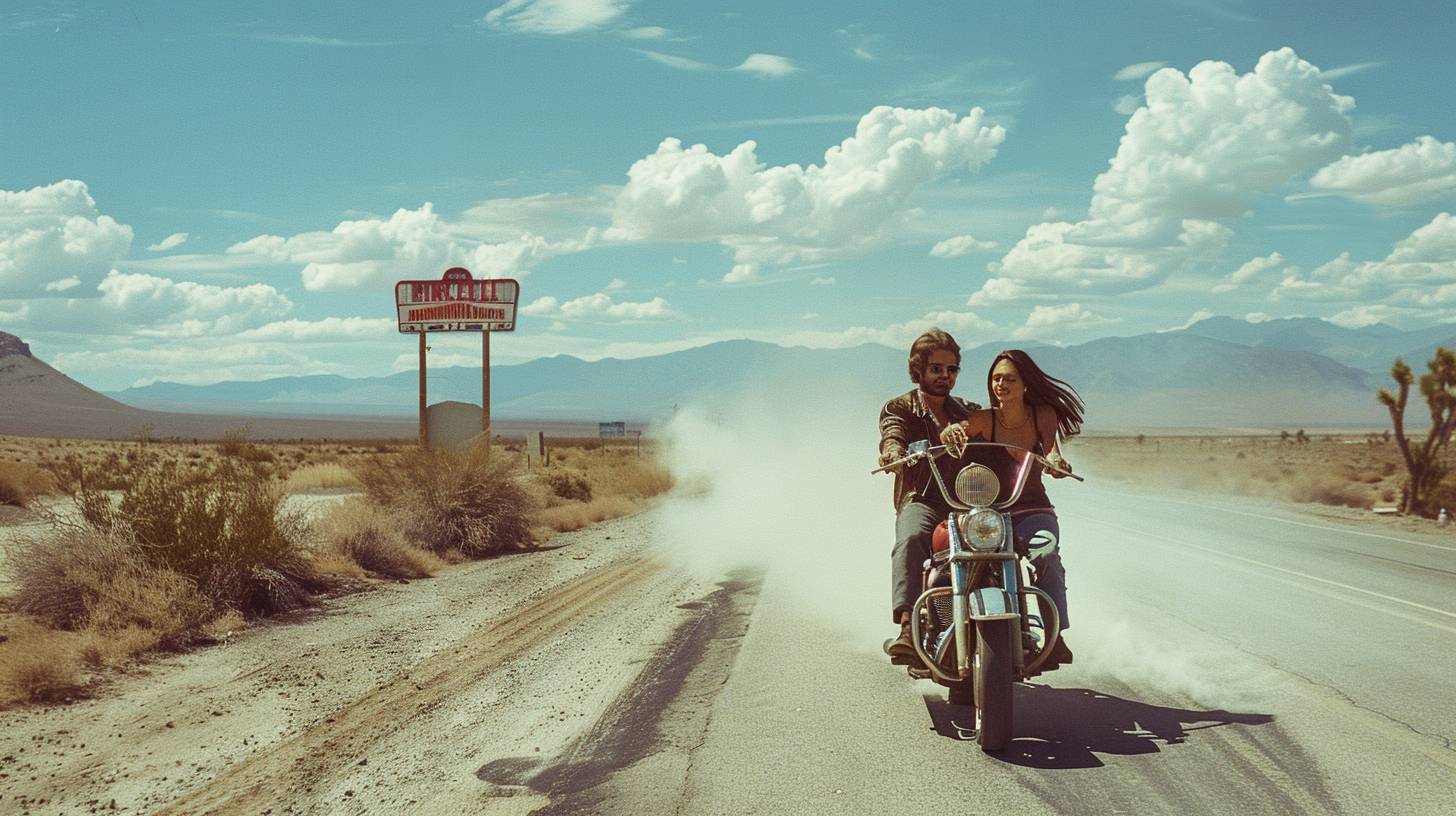 Couple on a motorcycle. Wind in their hair. Open road. Route 66. Midday in 1969. Desert landscape, distant mountains, a diner sign. Wide shot, full body. Shot on a Hasselblad 500C, Ektachrome film. Bright sunlight, dust trail, saturated colors.