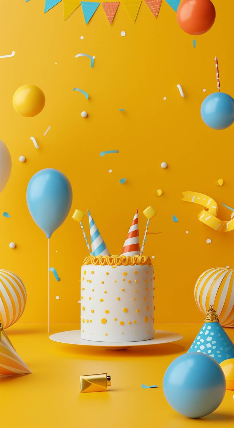 3D graphic design, simple birthday elements, colorful background, bright yellow