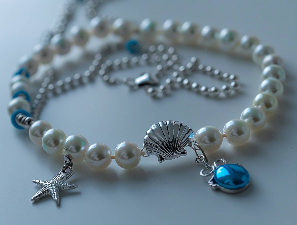 A delicate white pearl bracelet with one blue and silver shell charm, one small star pendant and three pearls in the middle of each chain is a photo taken in the style of an amateur using their phone camera, posted on reddit/ snapchat in 2018.