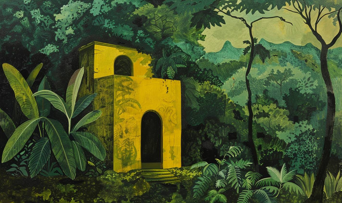 In the style of Milton Avery, a forgotten temple hidden in the jungle