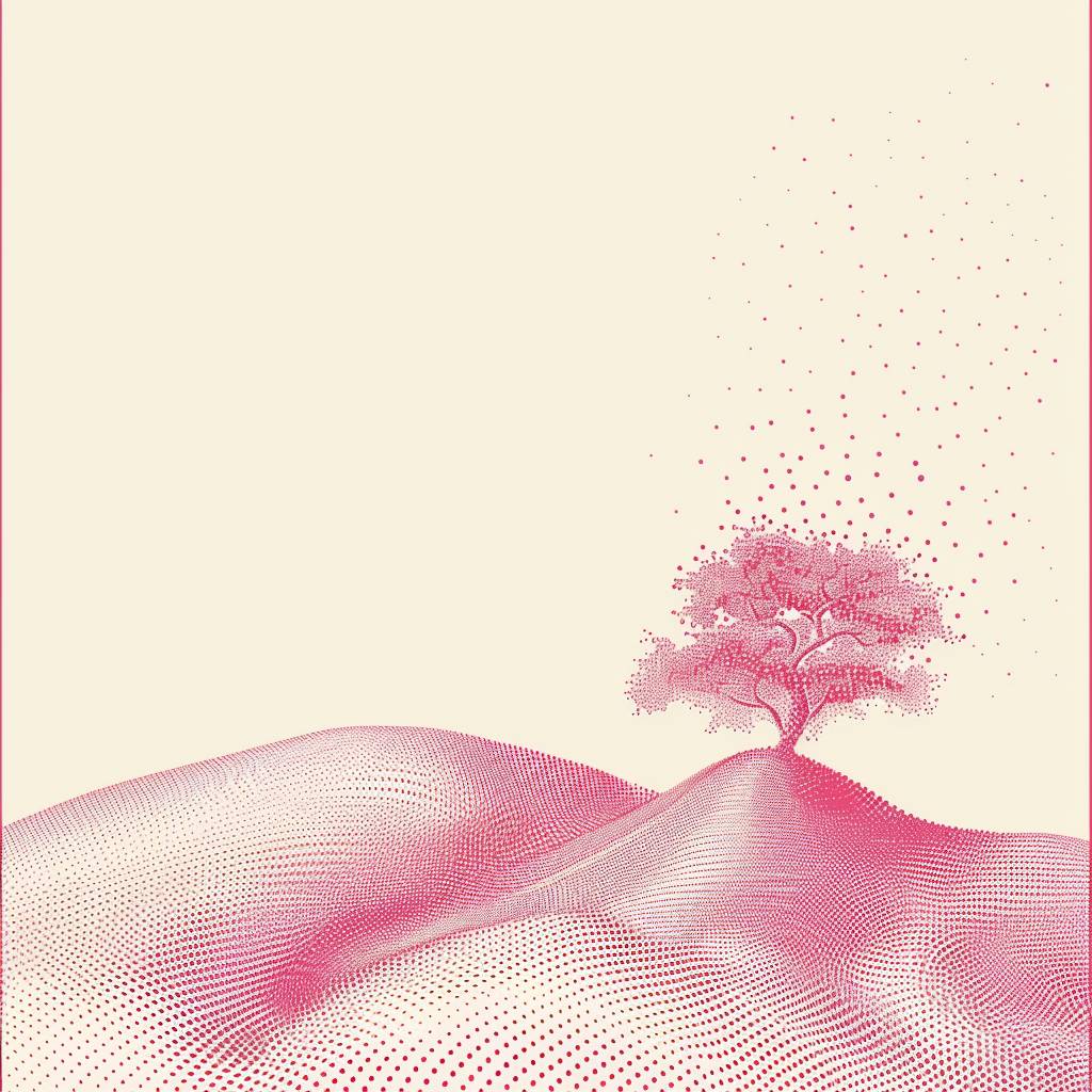 A vector illustration on a blank canvas, using pink and white phosphor dots of varying sizes, forming a tree of life, rolling hills, negative space