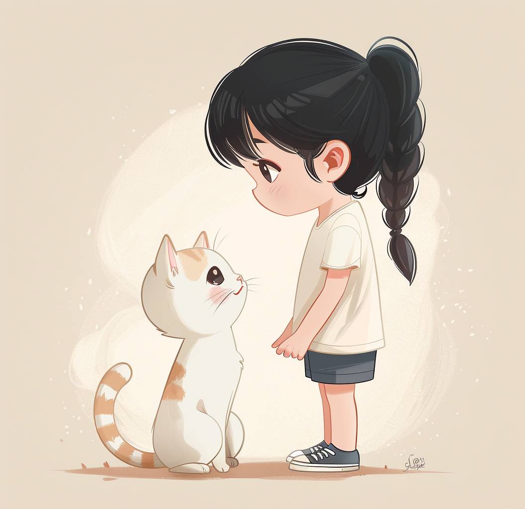 A cute little girl with black hair in braids, wearing a white short-sleeved shirt, is standing next to her cat on the ground, bowing down in front of it. The illustration style features soft lines and shapes, light gray tones, flat illustrations, a cartoon character design style, colorful ink drawings, and hand drawn details.