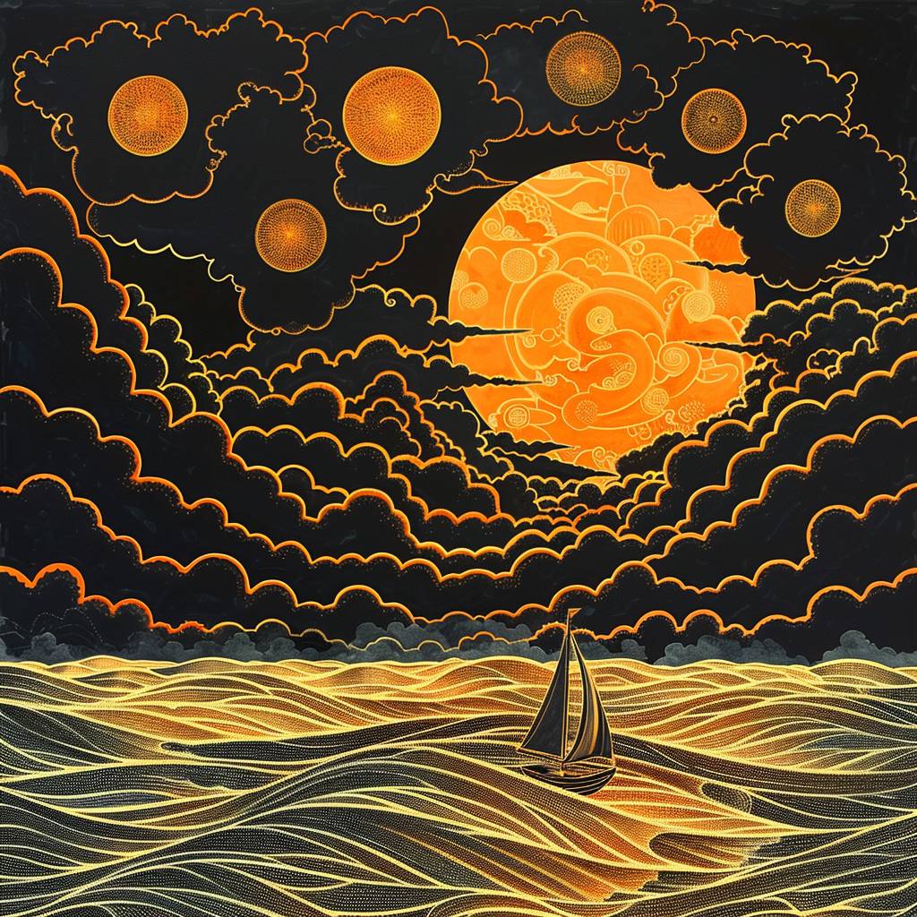 ドットのようなスタイル、夕焼け、オレンジ色の太陽、雲、大きな空に浮かぶ5つの回転する雲の輪、ドット状の波、オレンジと黄色の夕焼け雲が波に反射されている、一隻の船が海に向かって出ていく、詳細な夢の風景のスタイル、明るい黒とオレンジの絵画的なイラスト、夢の風景の肖像、巧みな照明、精密主義の芸術、風変わりな漫画的なスタイル