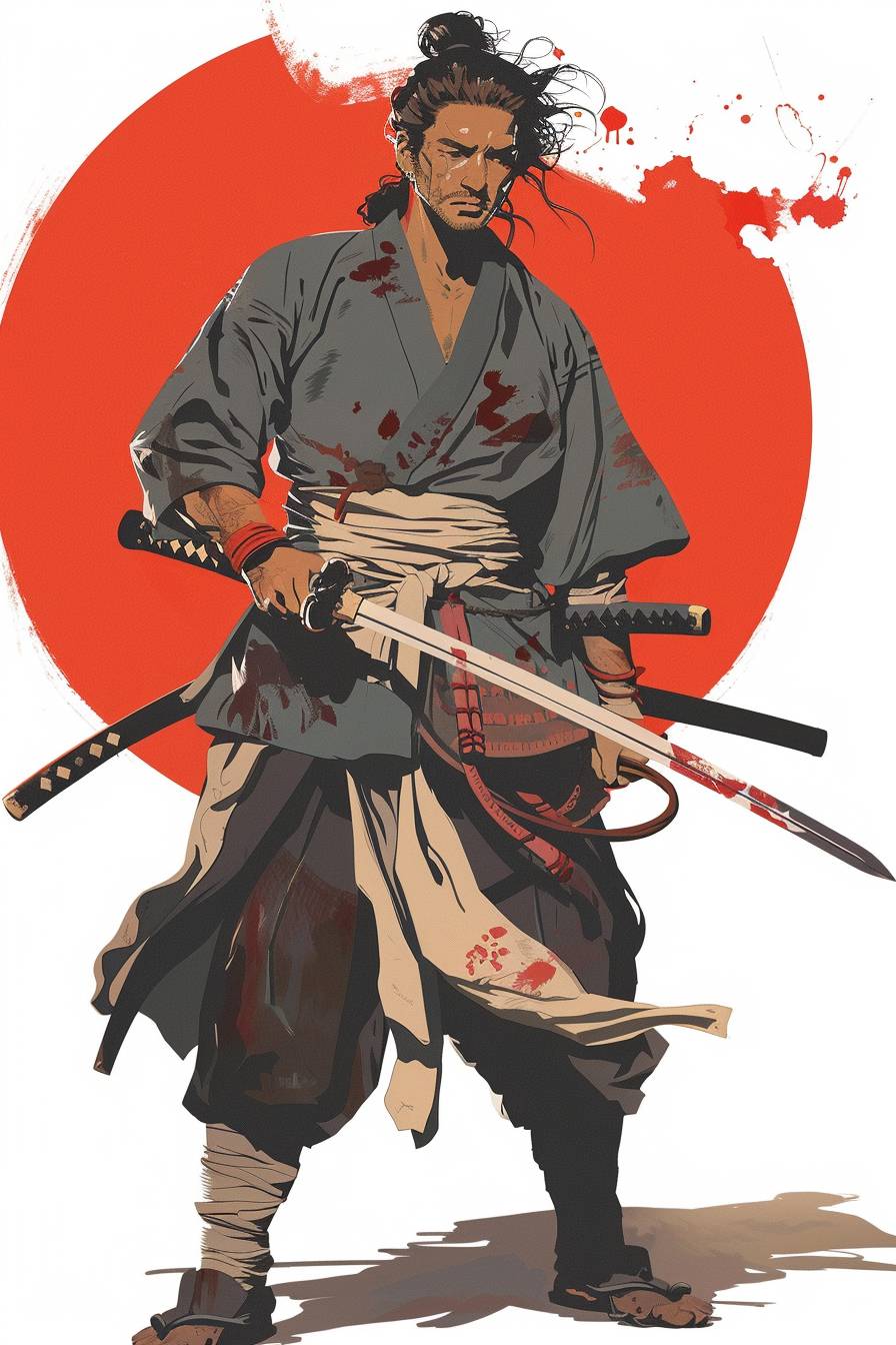 Warrior character in the style of Miyamoto Musashi, full body, flat color illustration