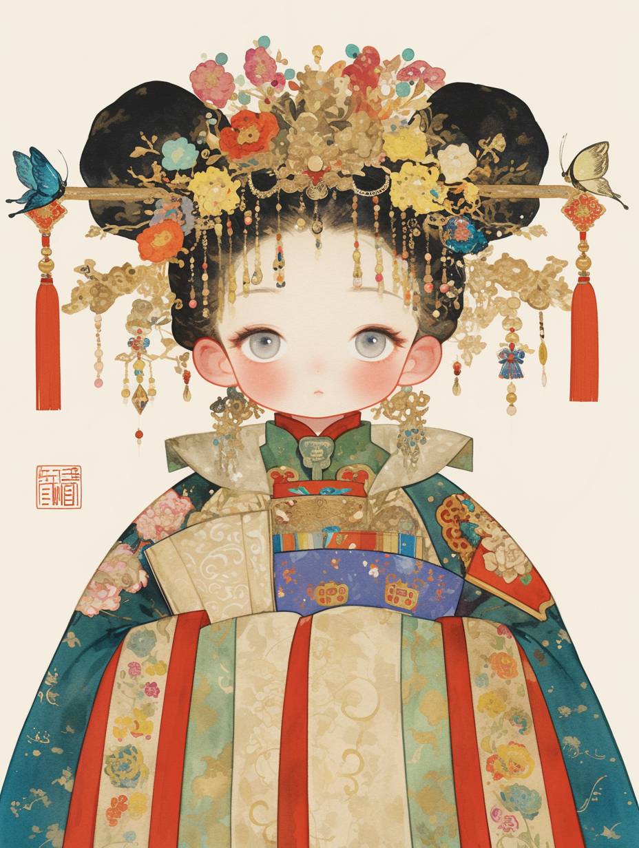 Gongbi Painting, Empress of the Tang Dynasty, chubby face, chubby, cute. Tang Dynasty Style, Chinese Tang Dynasty Yongle Palace Paintings