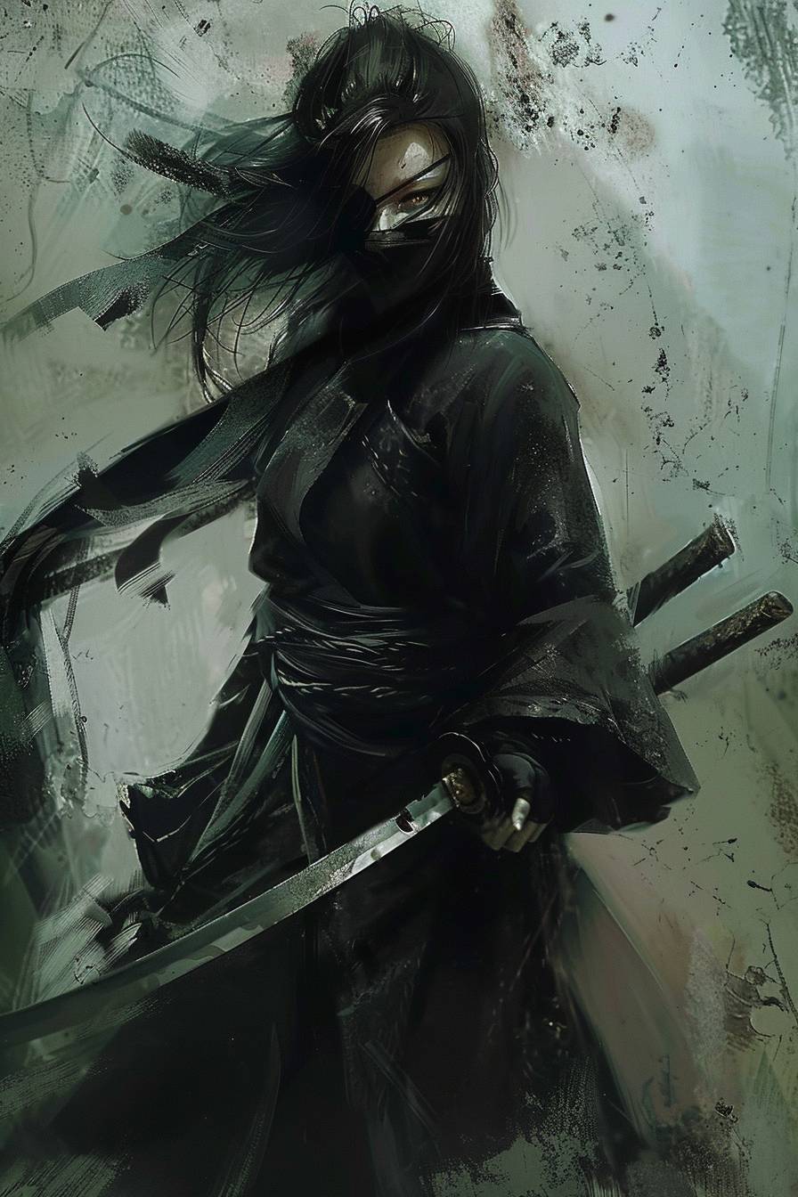 眼帯をした女性忍者、2本の剣を持ち、流れるような衣装、傷跡、榎本英彦のアートスタイル --ar 2:3 --c 2 --v 6.0