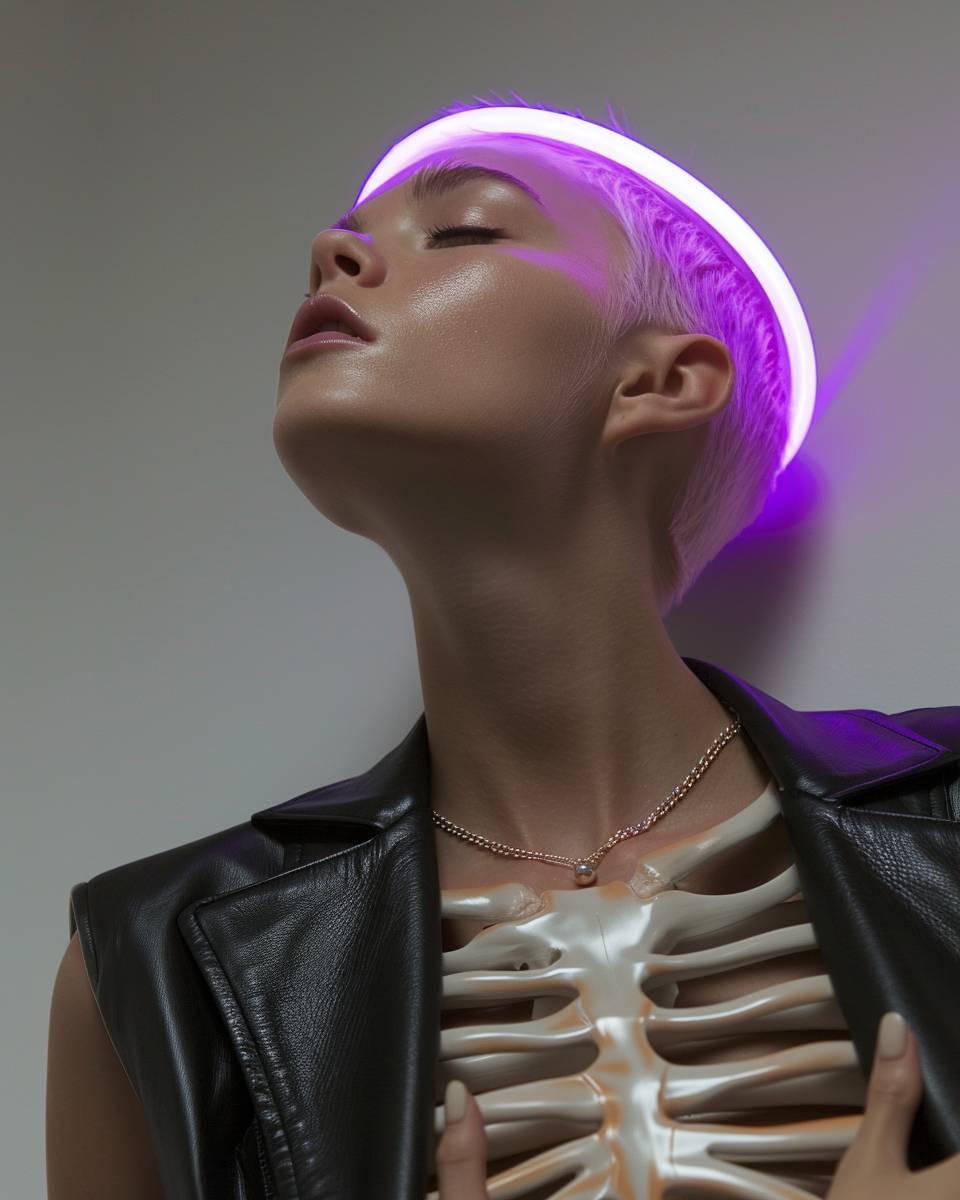 Extremely realistic photography of a sassy beauty with short punk hair dyed blonde. The dark background amplifies the purple halo around her head, while her body reflects an ethereal X-ray effect. A black skeleton hand rests on her chest, creating a photorealistic and mystical atmosphere. --ar 4:5 --p 7myp5x5 --v 6.0