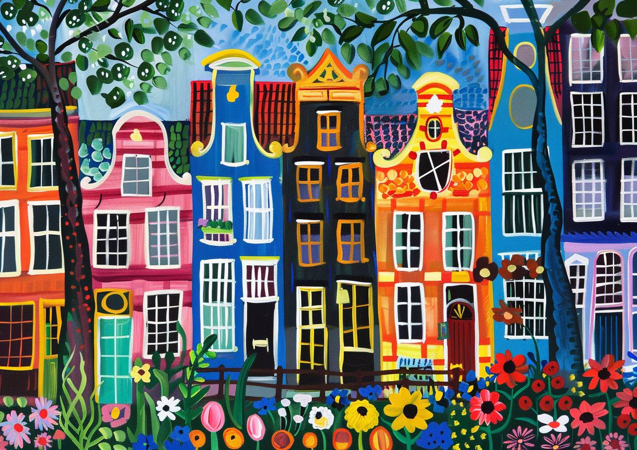 Amsterdam, charming street lined with colorful townhouses, flowers, summertime, England, most unique naive art amazing painting by Sophie Blackall and Maud Lewis and Chagall, amazing brushstrokes, sharp, high quality, masterpiece, ultrasharp,