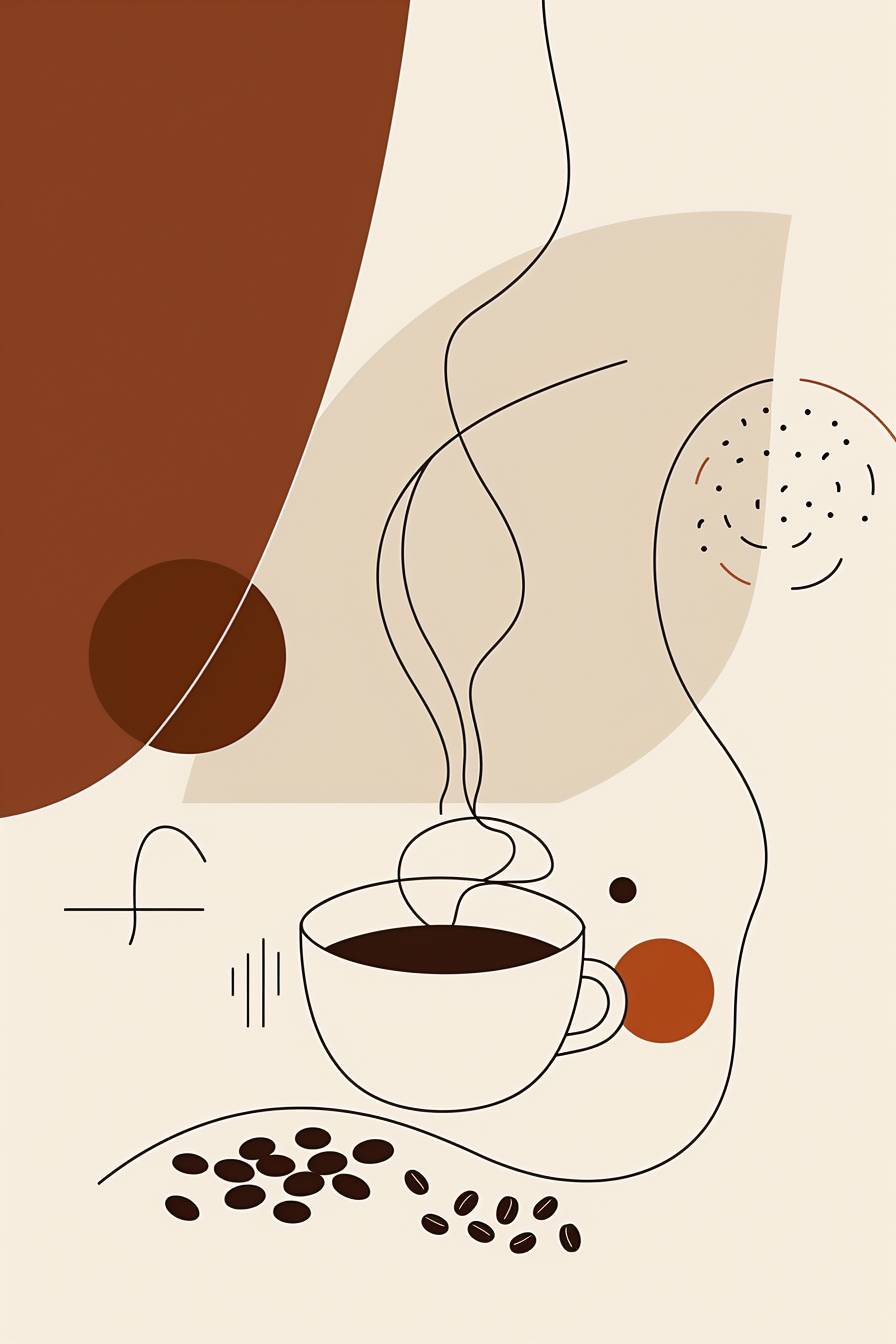 国際コーヒーデーのラインアートポスター。コーヒーカップ、コーヒー豆、スチームを特徴とし、正確な線、幾何学形状、ミニマリストデザイン。モダンなスタイリッシュな美的センスとバランスの取れた構図、クリーンな背景には微妙なブラウンとクリーム色があります。使用ソフト：ベクターアートテクニック、Inkscape、バウハウスの影響、ミニマリスト運動、細い線の太さ、HDクオリティー、ナチュラルな外観。