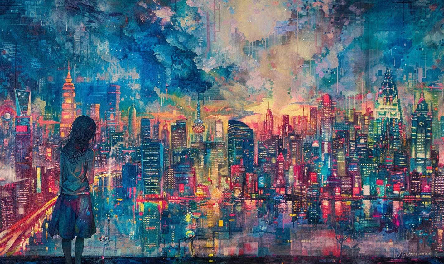 A painting of [SUBJECT], in the style of psychedelic manga, luminous impressionism, intricate and bizarre illustrations, precisionist art, gigantic scale, vibrant skylines, and science-based.