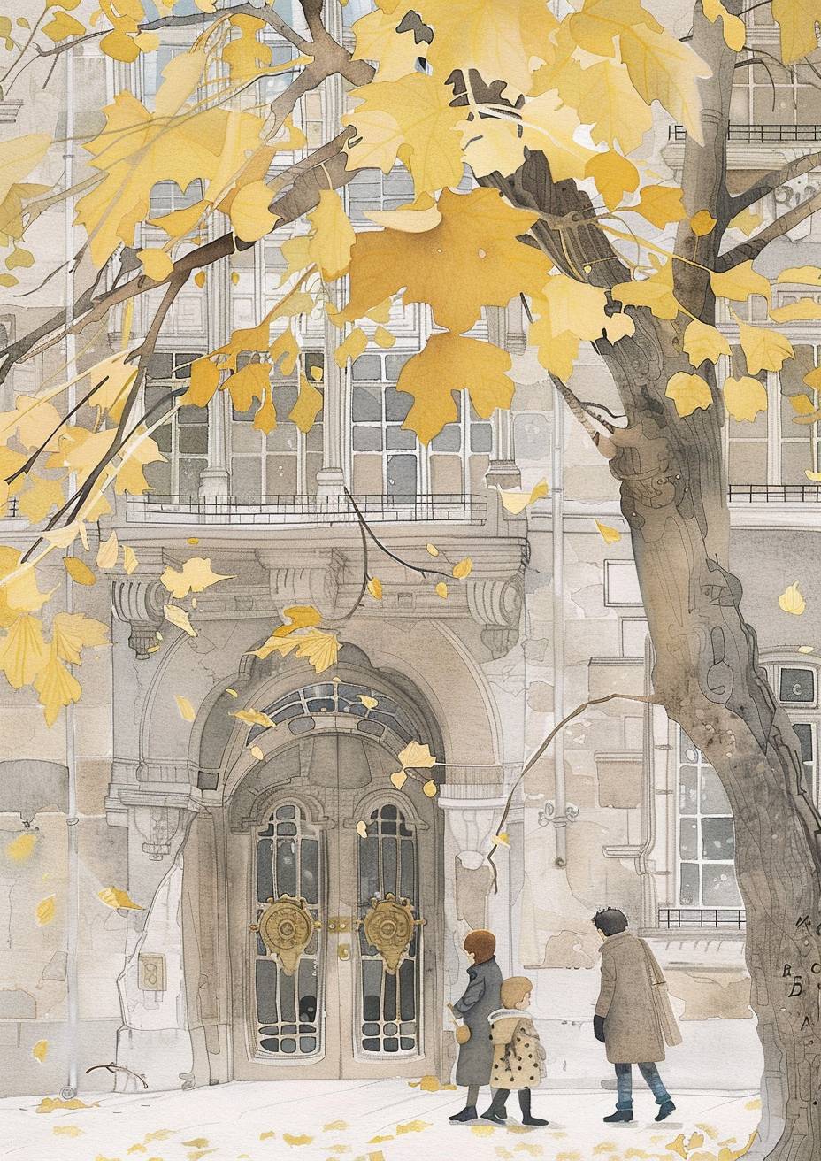 Watercolor, Parisian Art Nouveau style architecture, charming scene of old building with arched doorway and large windows in light beige and gray style, people walking under yellowing gingko tree, light colors, gentle soft light tones, gingko tree plays supporting role, pale yellow leaves, children's book illustration, Charming character illustration, white background, low angle shot of entire building, super detail, intricate detail, high resolution, 30K