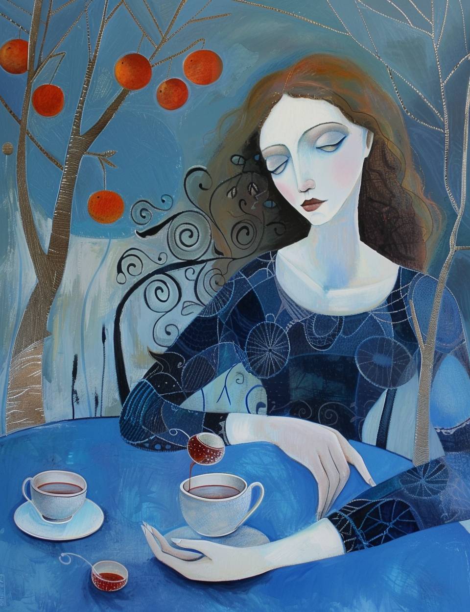 Blue abstract painting, vampire tea party, by Dee Nickerson, pastel color, 10:13 AM, stylize 50, version 6.0.