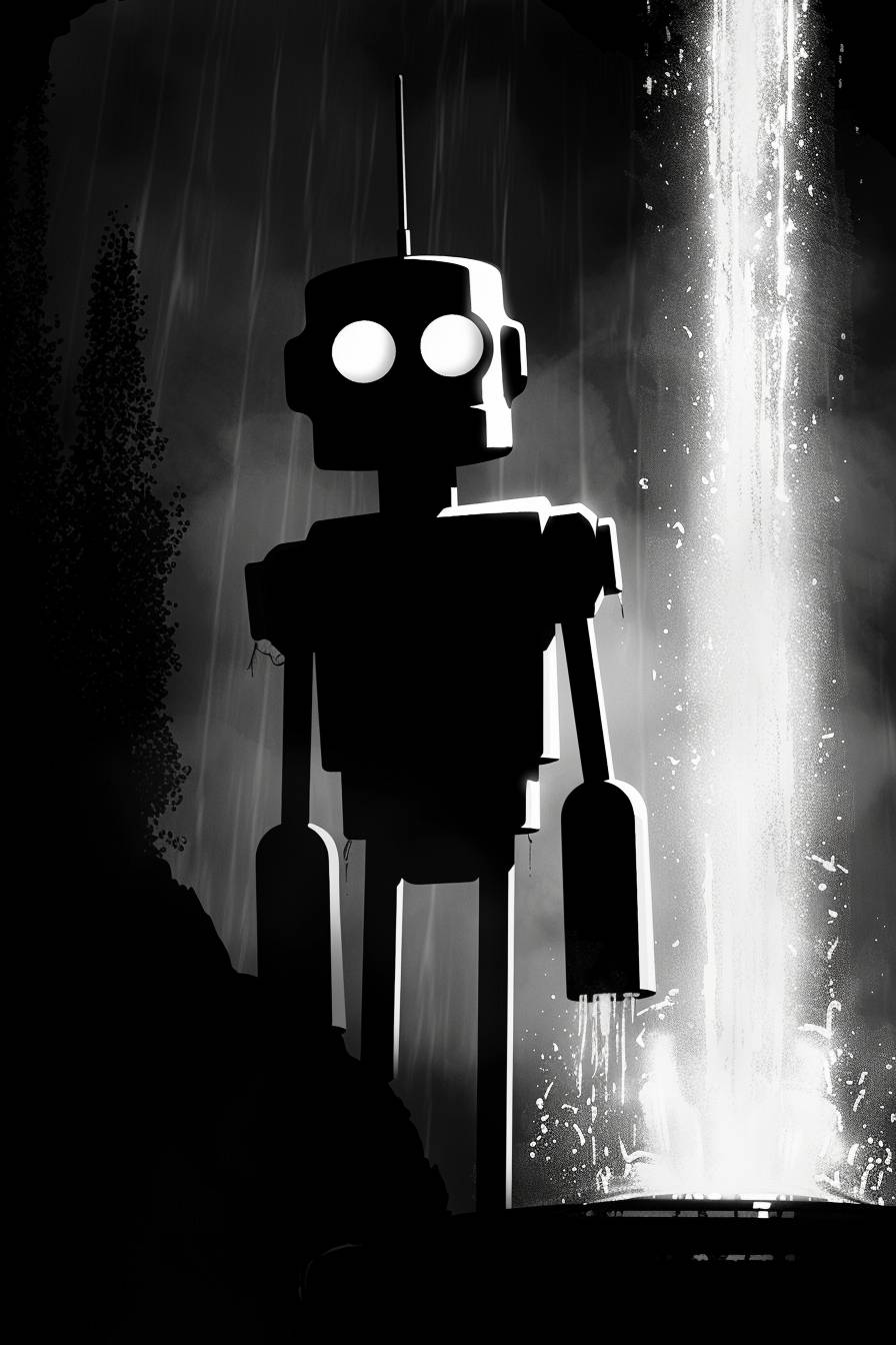 Minimalist black and white vector art of a silhouette robot resembling Bender from Futurama, in the style of Adrian Tomine, set next to a fountain with smooth, flat lighting in a dark room.