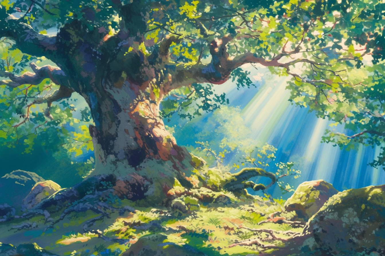 Masterpiece, best quality, sunlight streaming through the trees in a forest, style of Studio Ghibli by Hayao Miyazaki --niji 6 --ar 3:2