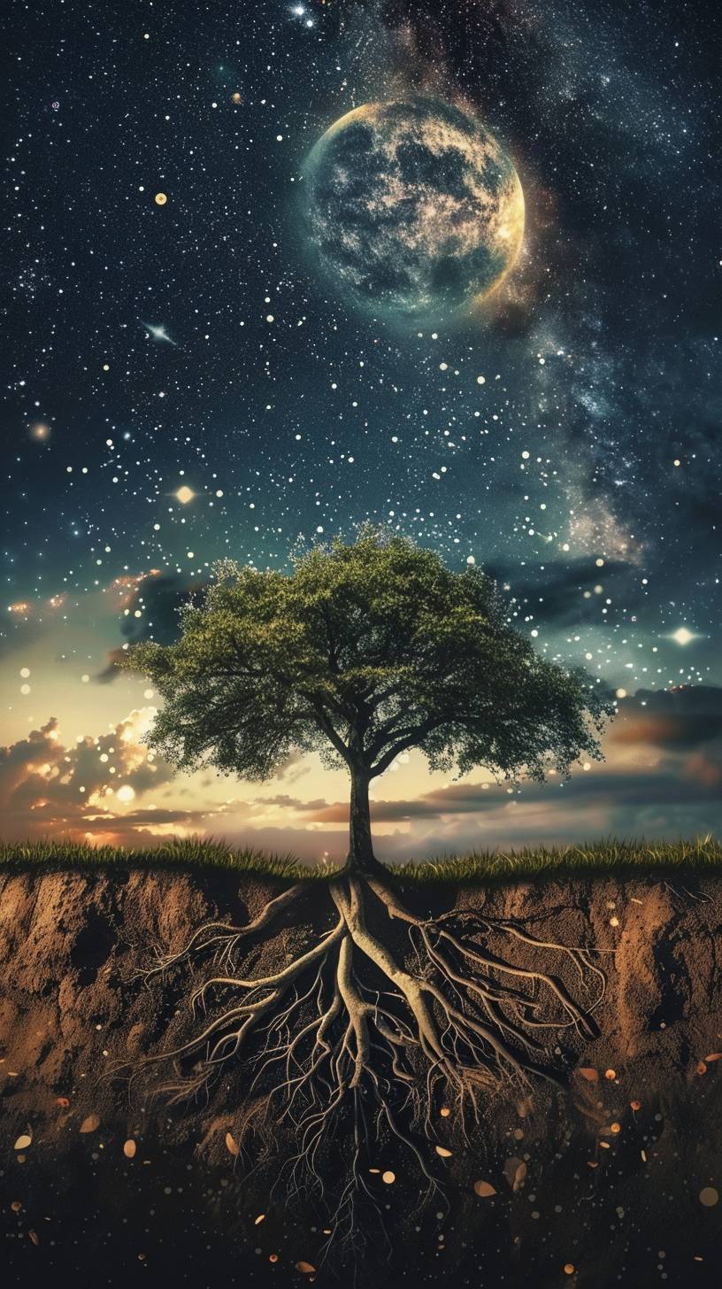 A beautiful tree growing with roots in the ground, stars and moon in the sky, spiritual