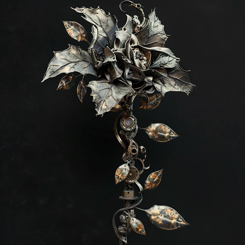 biomechanical [SUBJECT], blending organic and robotic elements, with metallic leaves, gear-driven stems, detailed