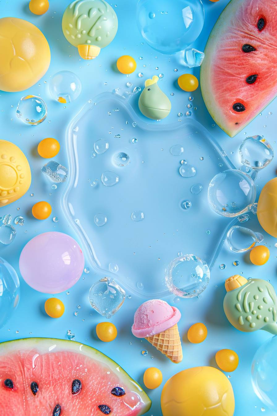 Smooth light blue background, summer, frame of one watermelon, sea, ball, one ice cream, in the middle a lot of space for text, colorful and happy pastel minimalist style, childish, flowing, colors yellow, light blue, purple, 3D, anime, cartoon made of clay, High quality, minimalist style