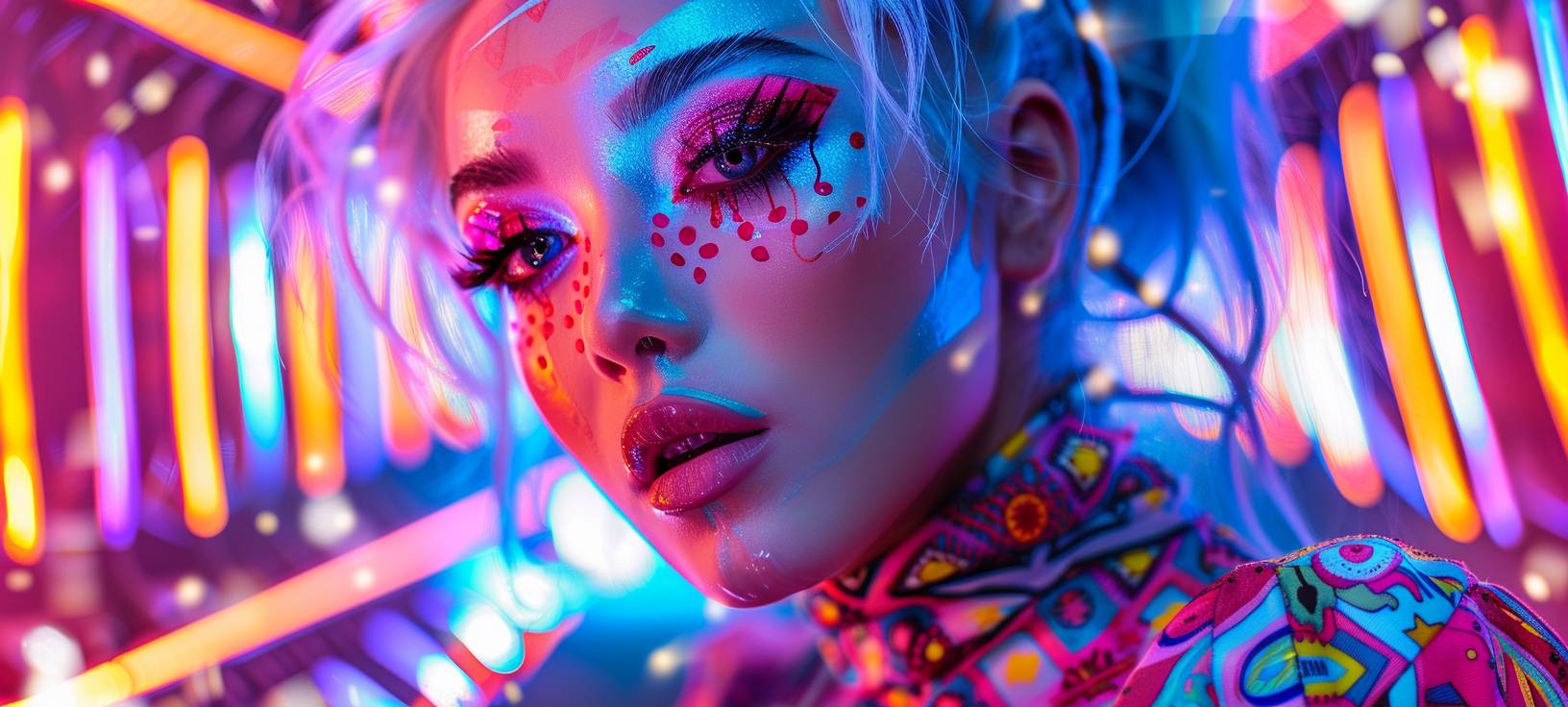 A hyper-realistic photo of an androgynous woman with pastel blue hair, dressed in a psychedelic goth, neon, and bold patterned outfit. Her makeup is colorful and futuristic. She is illuminated by rays and fluorescent lights. The background is filled with lights and patterns.