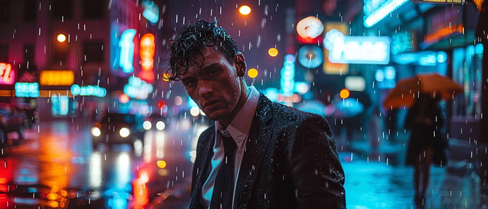 スーツを着た男性が雨の中で立っています。考え深い表情。濡れた髪が額に張り付いています。ダウンタウン地区。夜。ネオンサイン、通行する車、傘をさした人々。中景、上半身。劇的なライティング、街の光で照らされる雨粒、スーツから水滴が滴る。ハイダイナミックレンジ。