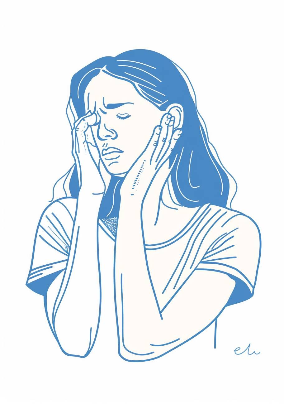 耳を押さえて痛みを感じている女性、白い背景に青色のアウトラインで描かれたシンプルなフラットベクターイラスト、カートゥーン風、手描きのダッドル、シンプルなアイコン、ミニマリスト、2D