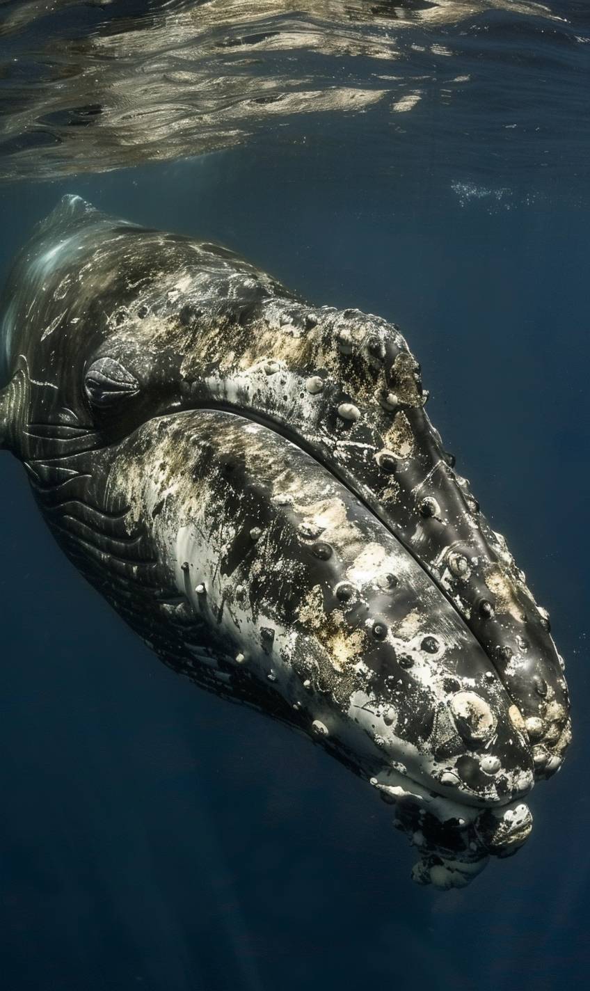 海中に泳ぐ巨大なクジラ、水中に漏れる太陽光が斑点の光を作り出す