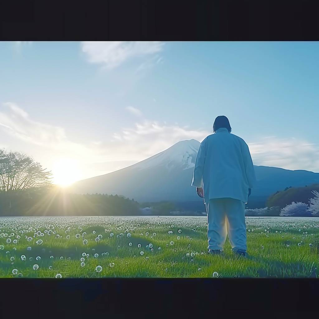 Auralee Minimalist fashion week, walking down the runway in a valley of daisies, with Mount Fuji in the background, in the style of shoegaze, filmed in 2001 with a Sony HDW F900, directed by Shunji Iwai, featuring Rinko Kawauchi