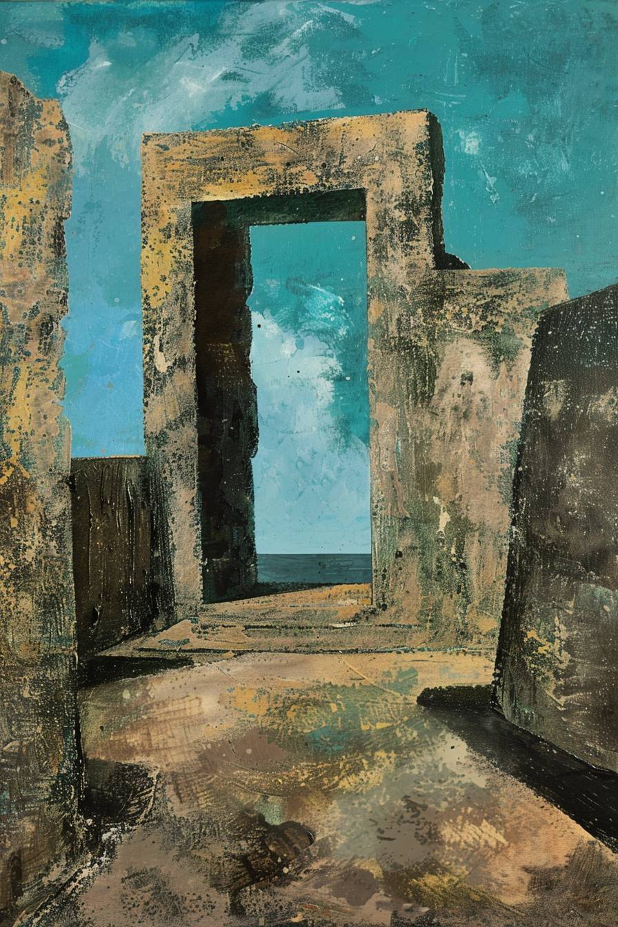 In the style of Milton Avery, enigmatic ruins of an ancient civilization