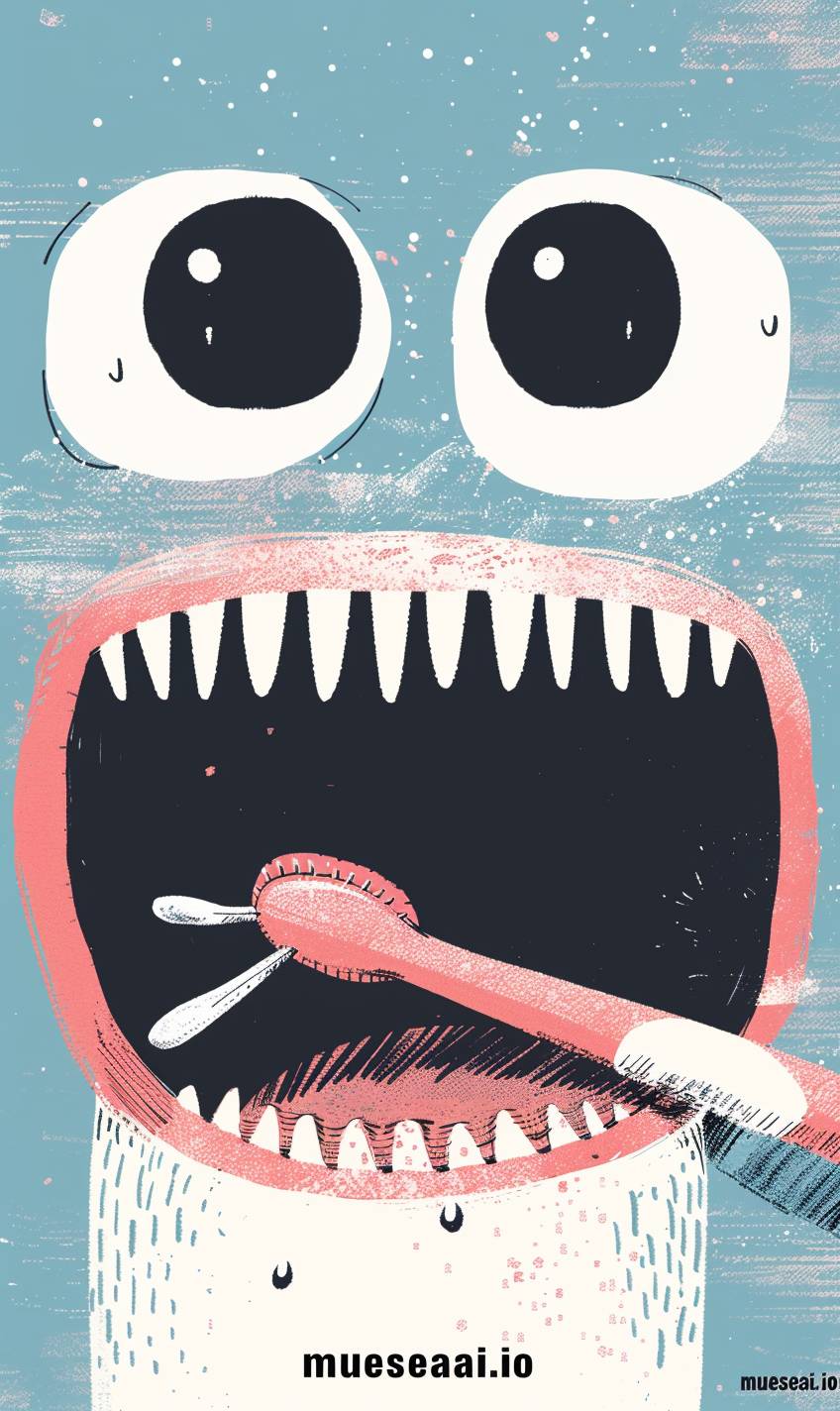 Gemma Correllのスタイルで、奇抜なキャラクターデザインとフラットでパステルカラーのスタイルで、極端なクローズアップの2つの黒い目と口に、可愛いピンクの歯ブラシを口にした“mueseai.io”のテキストのシンプルなイラスト。