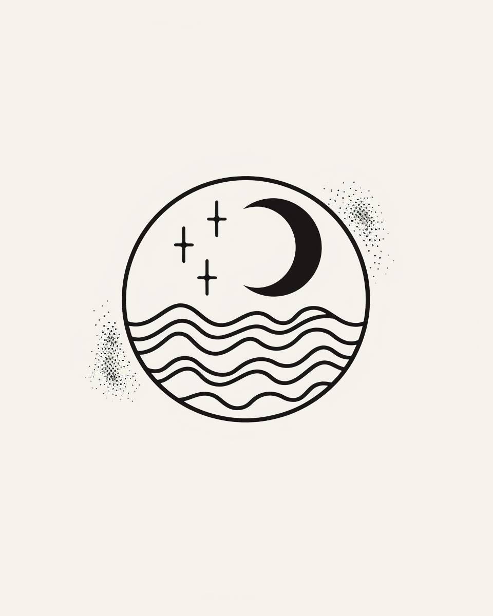 ロゴ、白い背景、月と湖の円を描くシンプルな黒線、星で点々とする。音波ライン、癒しの感じ、シンプルな形状スタイル、シンプルな形状