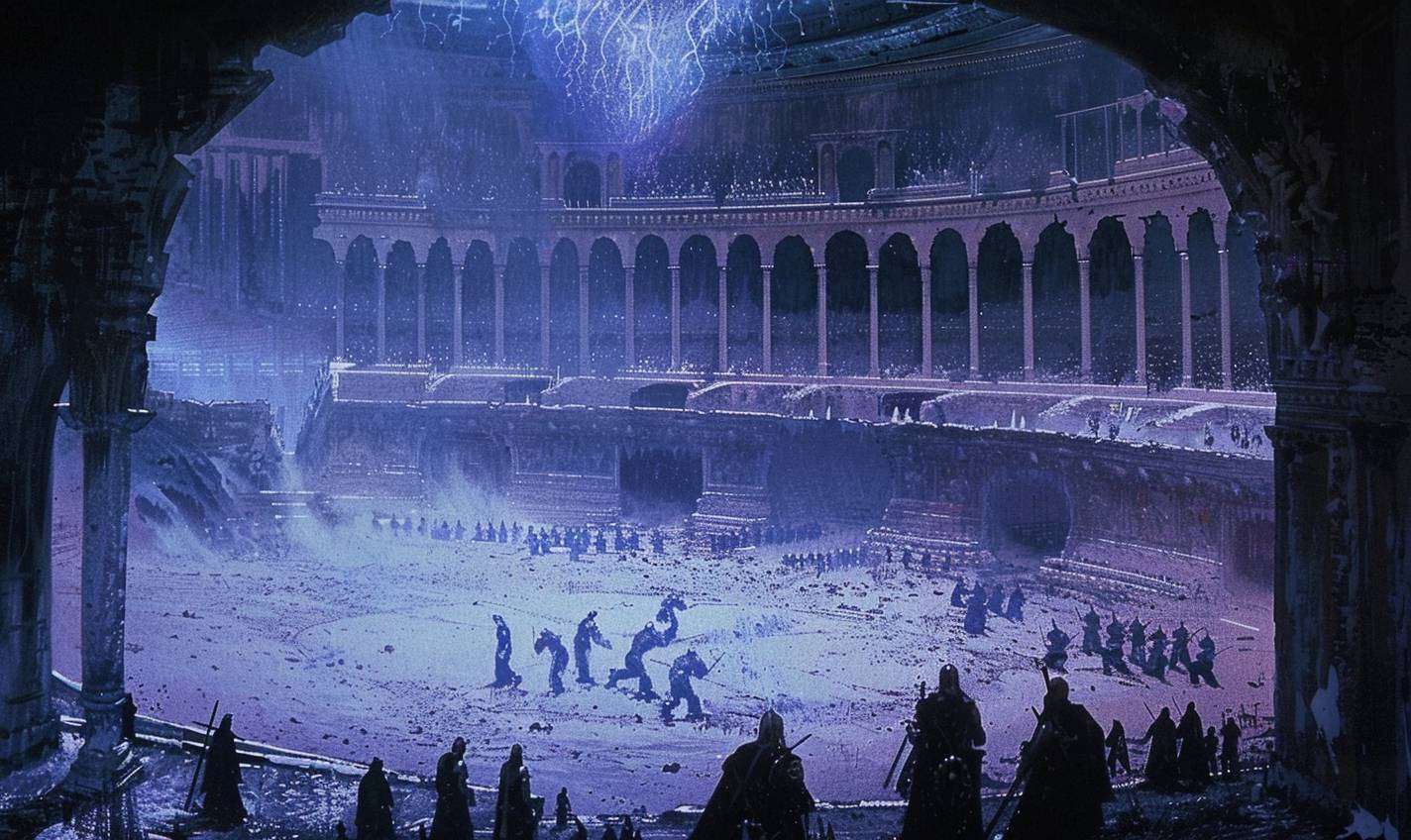 In the style of Kay Nielsen, spectral warriors clash in an ancient arena