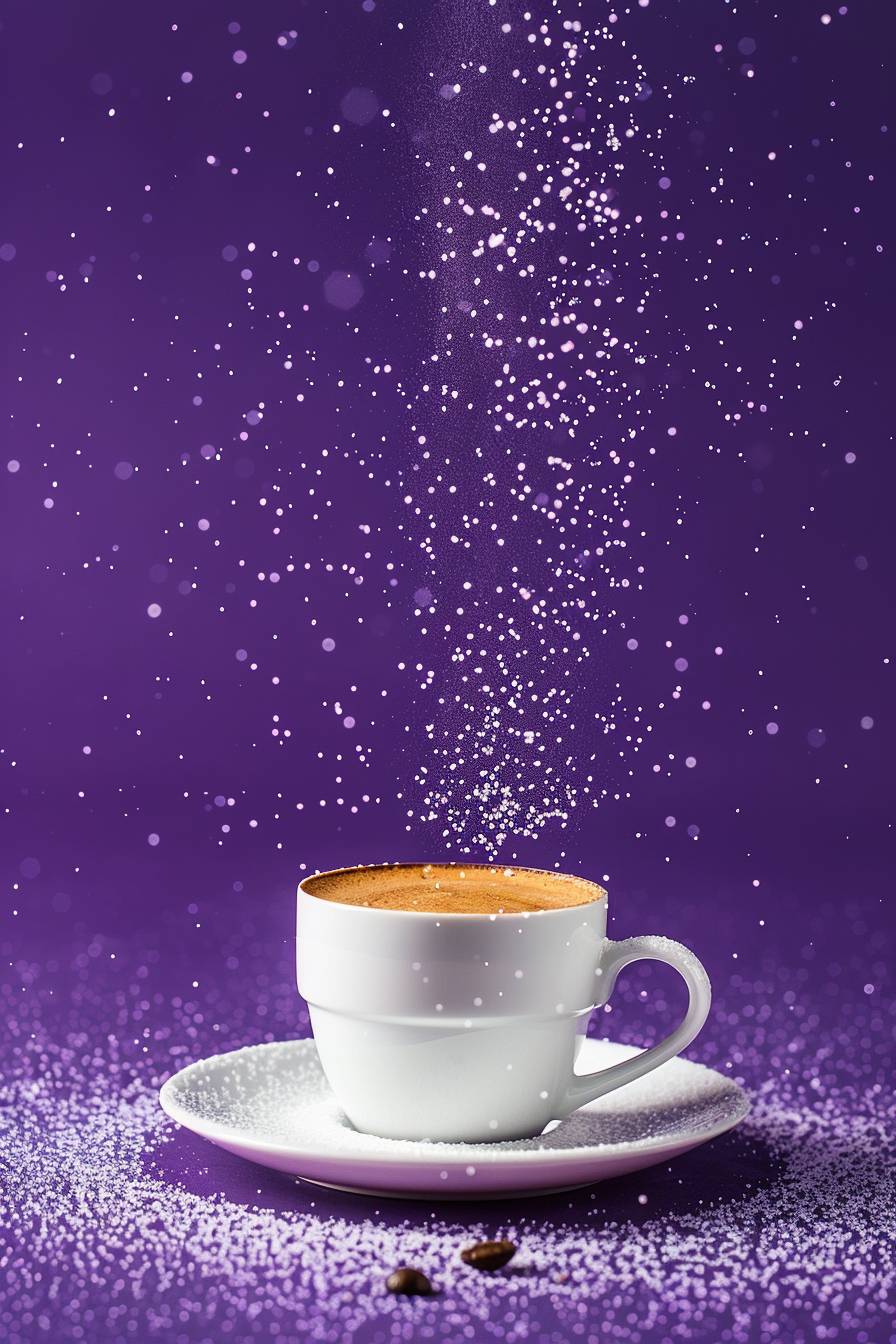 Espresso coffee with milk, wallpaper, 4K, granulated sugar falling down, cup, purple color background, front view