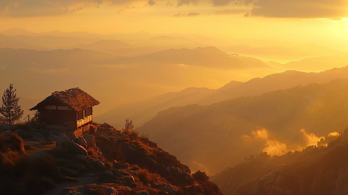 山頂の小屋の風景写真、逆光撮影