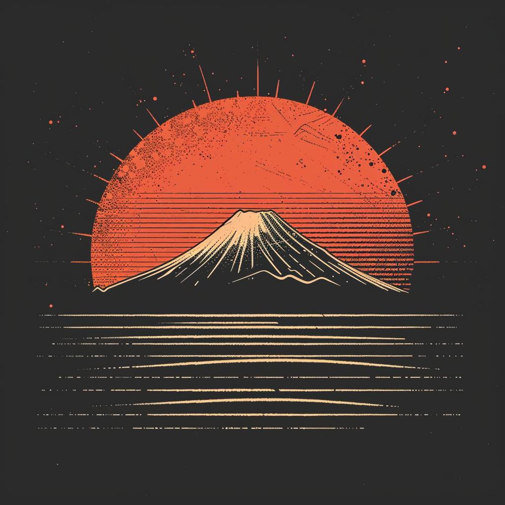 レトロフューチャリズムに触発された富士山の上にあるミニマリストの太陽デザインロゴ、クリーンな線画、ファインアート、ベクターグラフィックス、オーガニックデザイン