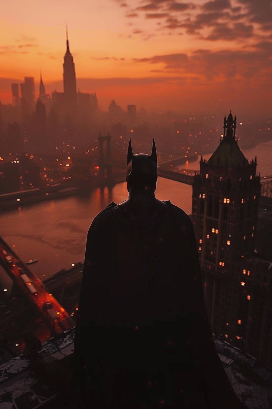 バットマンが高い建物で街を眺めている、高所恐怖--ar 2:3  --v 6.0