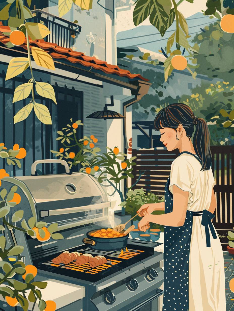 春のポスター、アジアの少女が庭のパティオでグリルで料理をする、カートゥーン、2D、明るい春のパステルカラー、フラットな線